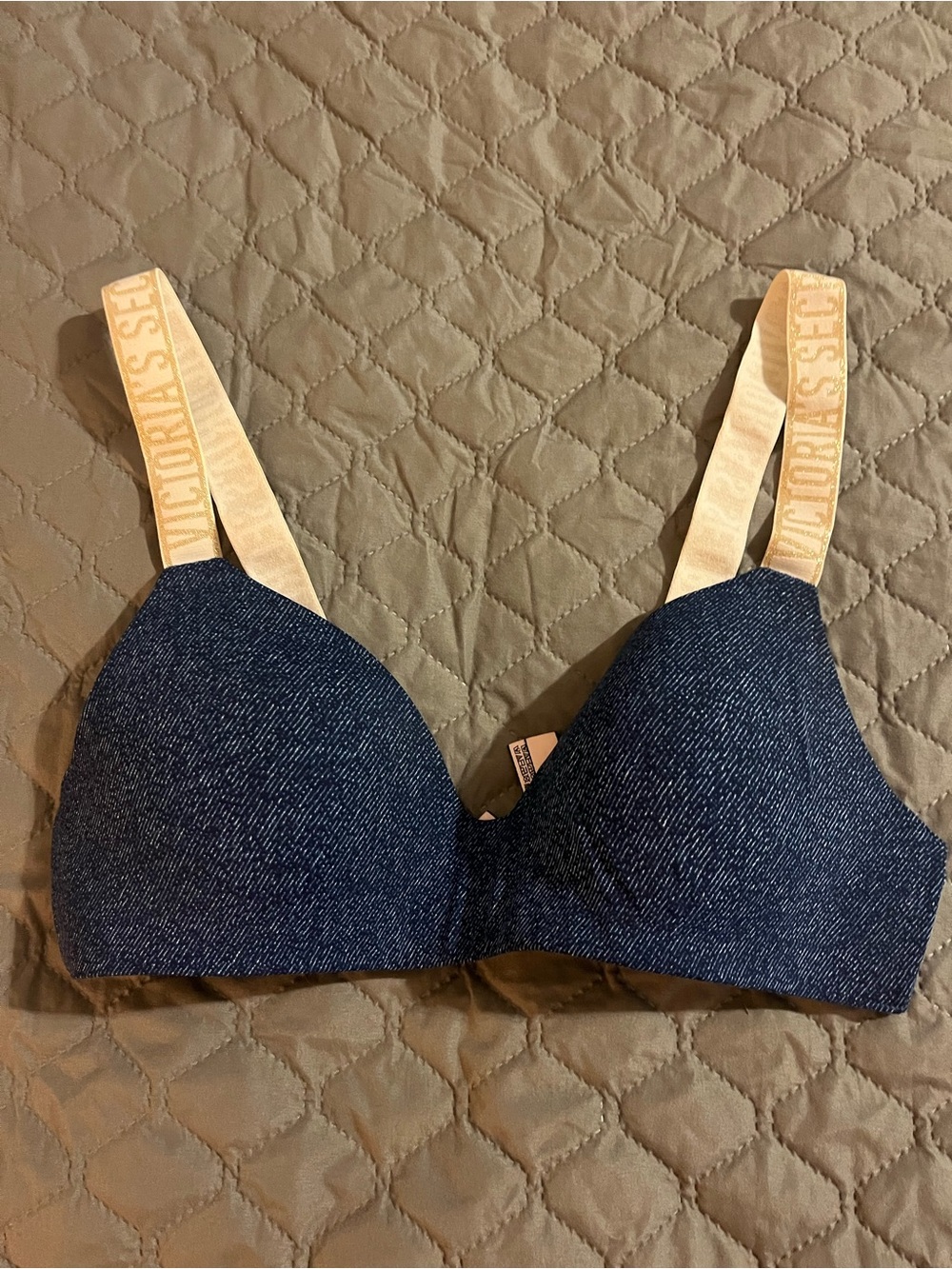 Victoria's Secret Denim Blue Wireless Bra with Cream Logo Straps